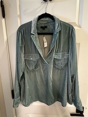 J.Crew Velvet Blouse Top 2X Blue/green Long Sleeve NWT 28.5” Length Soft Luxe